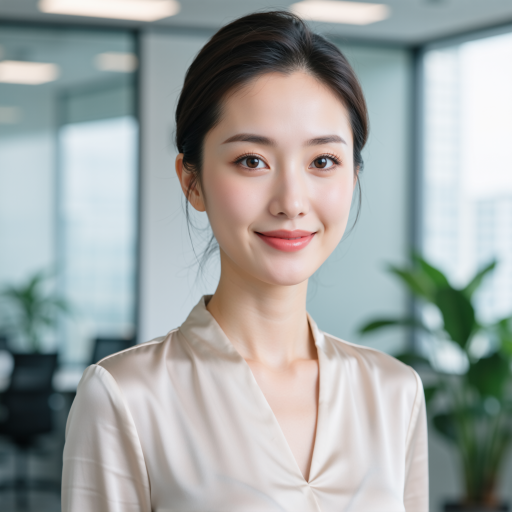 三十岁左右年轻女性头像，穿浅色衬衫，办公室背景，专业研究者形象